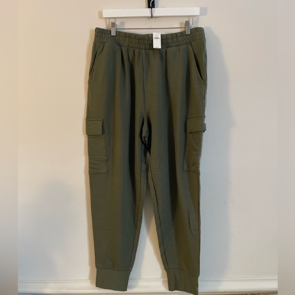 Gap Sweats Fleece Cargo Joggers Khaki Green Womens L Pull On Casual Utility
